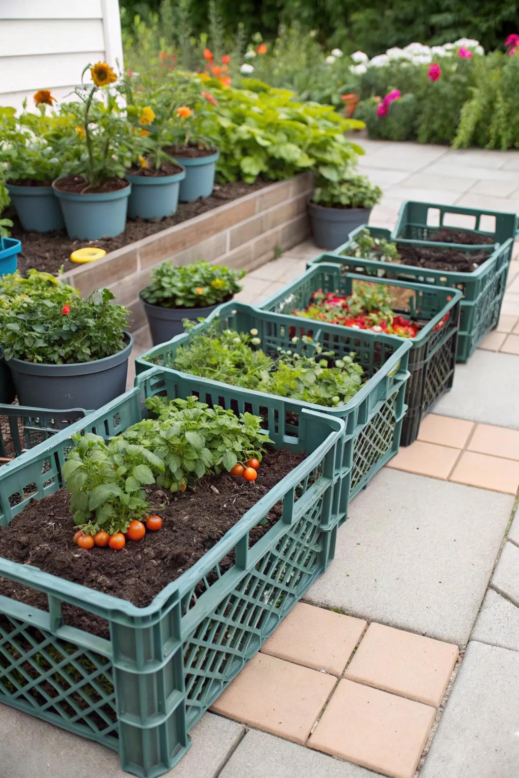 Milk crates converted into a mobile and efficient vegetable garden.