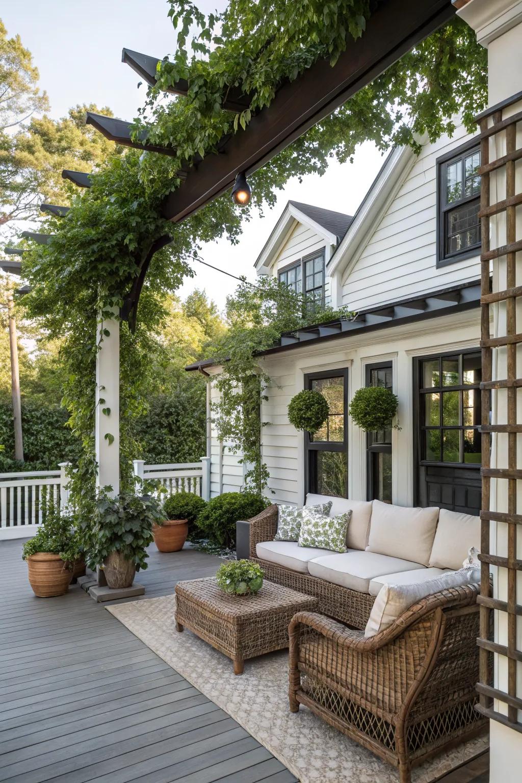 Stylish trellises provide privacy while enhancing the design.