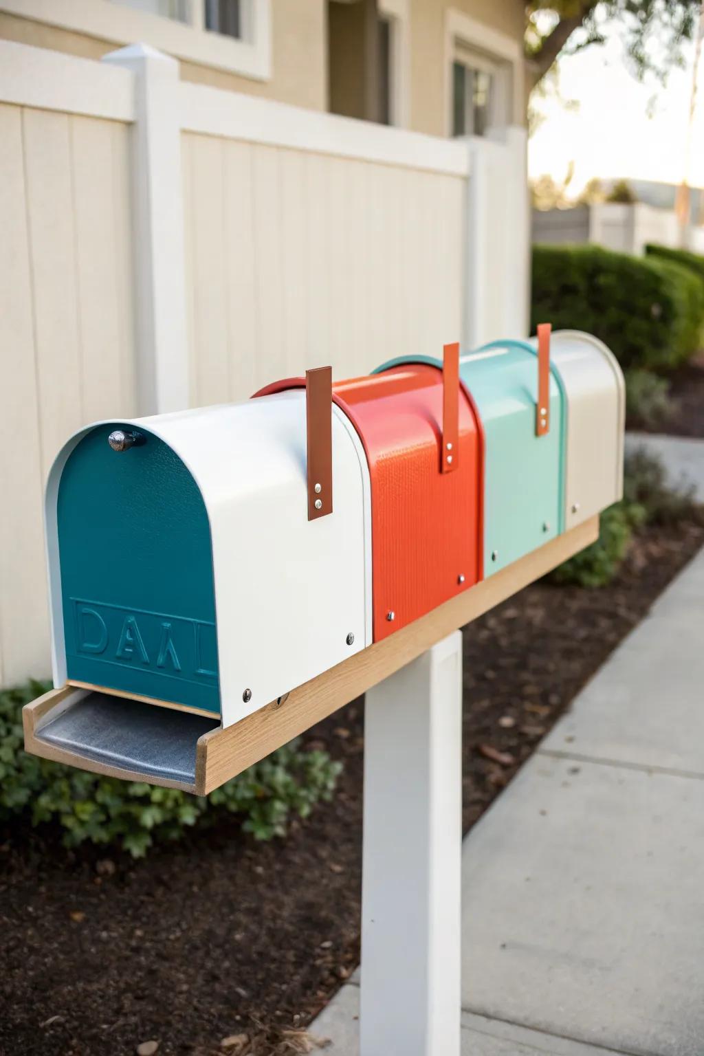 A mailbox featuring customizable color blocks for personalization.