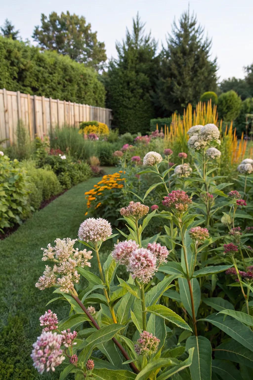 A seasonal display garden with milkweed and companions.