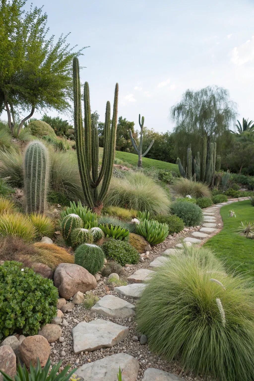 Soft planting surrounding cacti for a gentle and harmonious contrast.