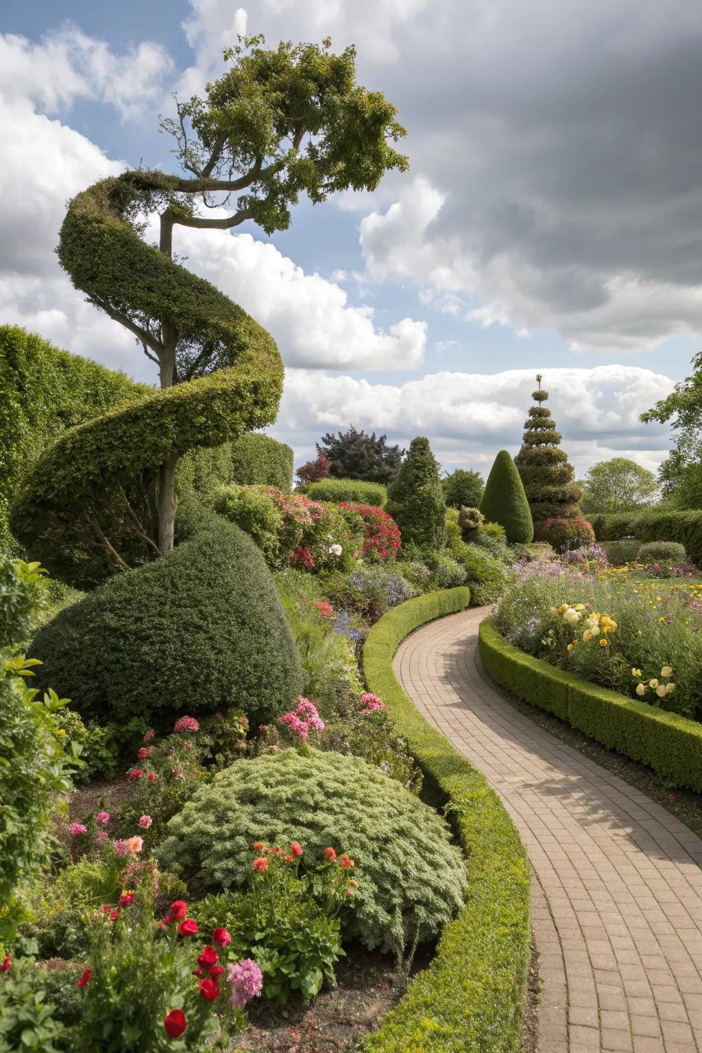 A mixed hedge with playful curves in a whimsical garden.