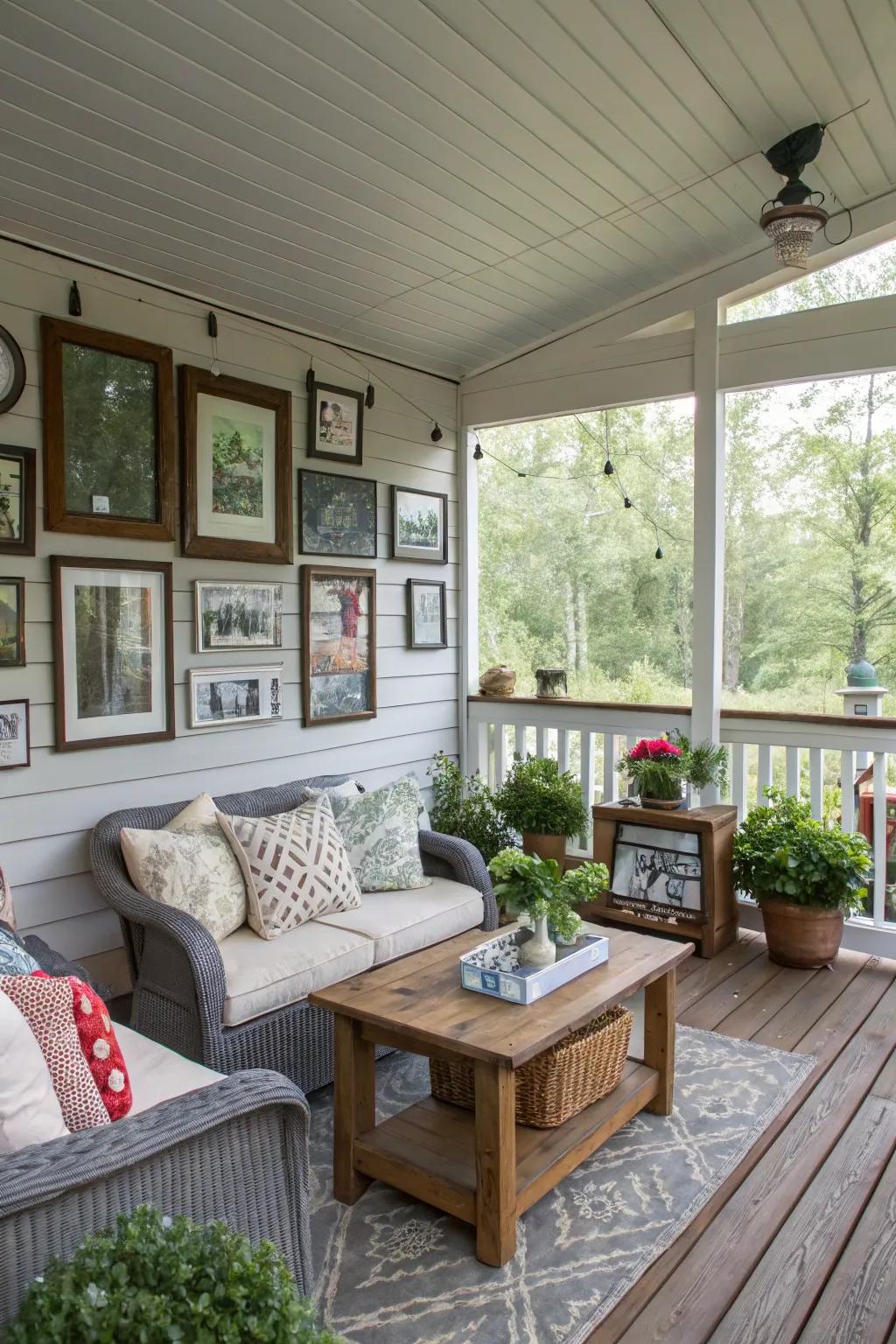 Personal accents creating a warm, inviting porch atmosphere.