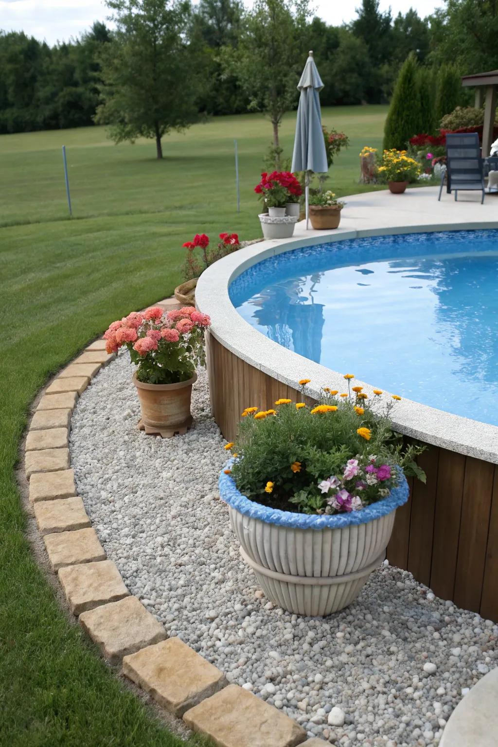 A gravel border adds texture and helps with drainage around this above-ground pool.
