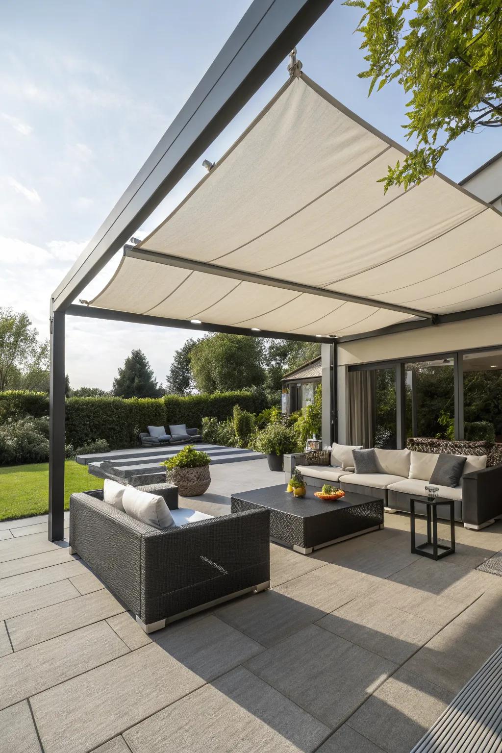 Tensioned fabric awnings offer a sleek and sophisticated appearance.