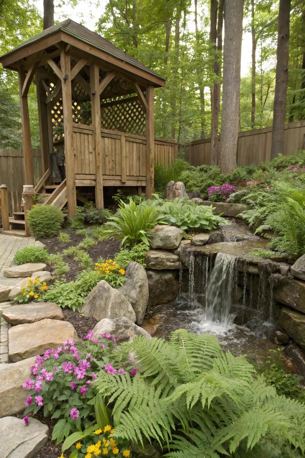 Rustic wood adds warmth and charm to your waterfall.