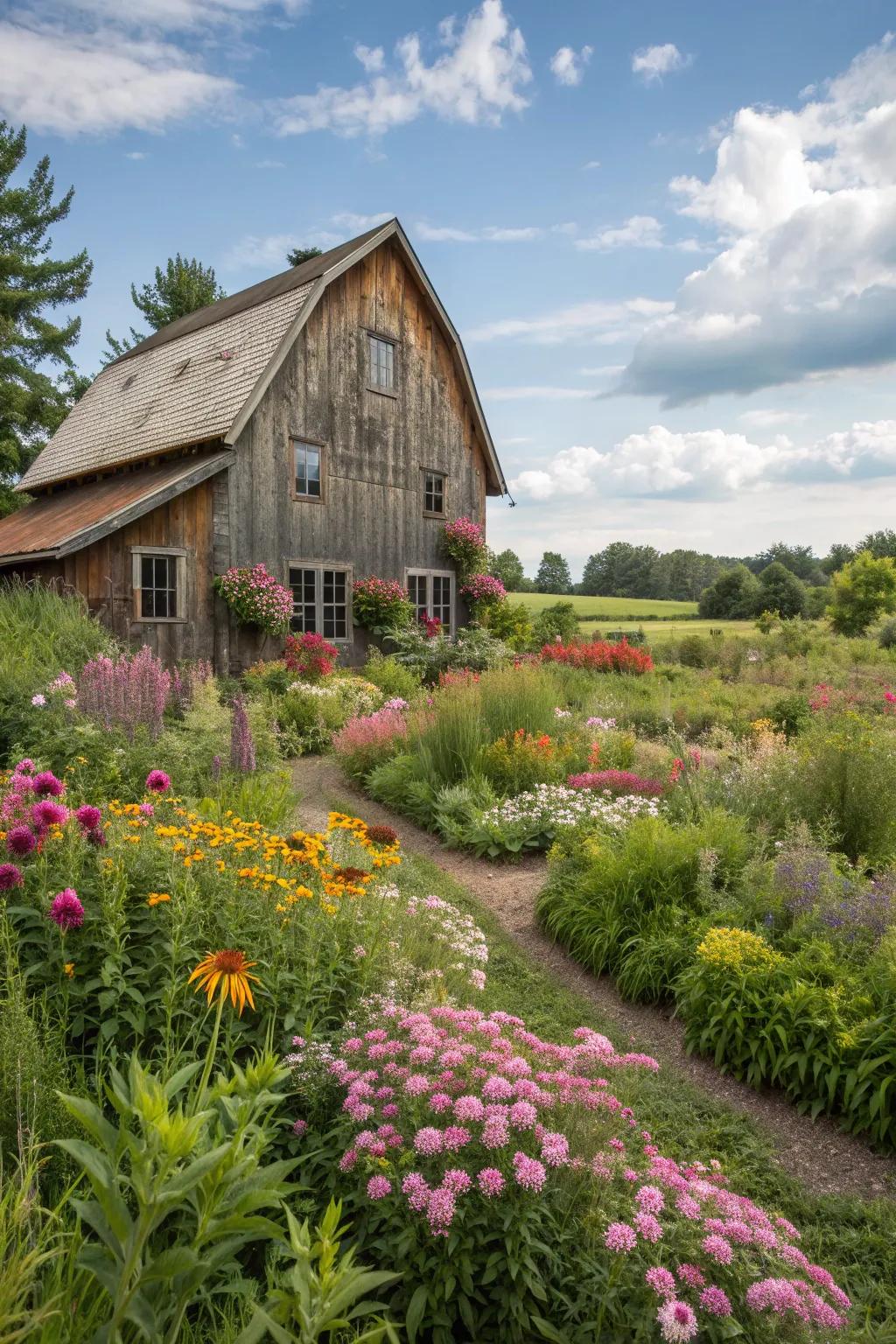 Perennial landscaping adds sustainable beauty to the barn house exterior.
