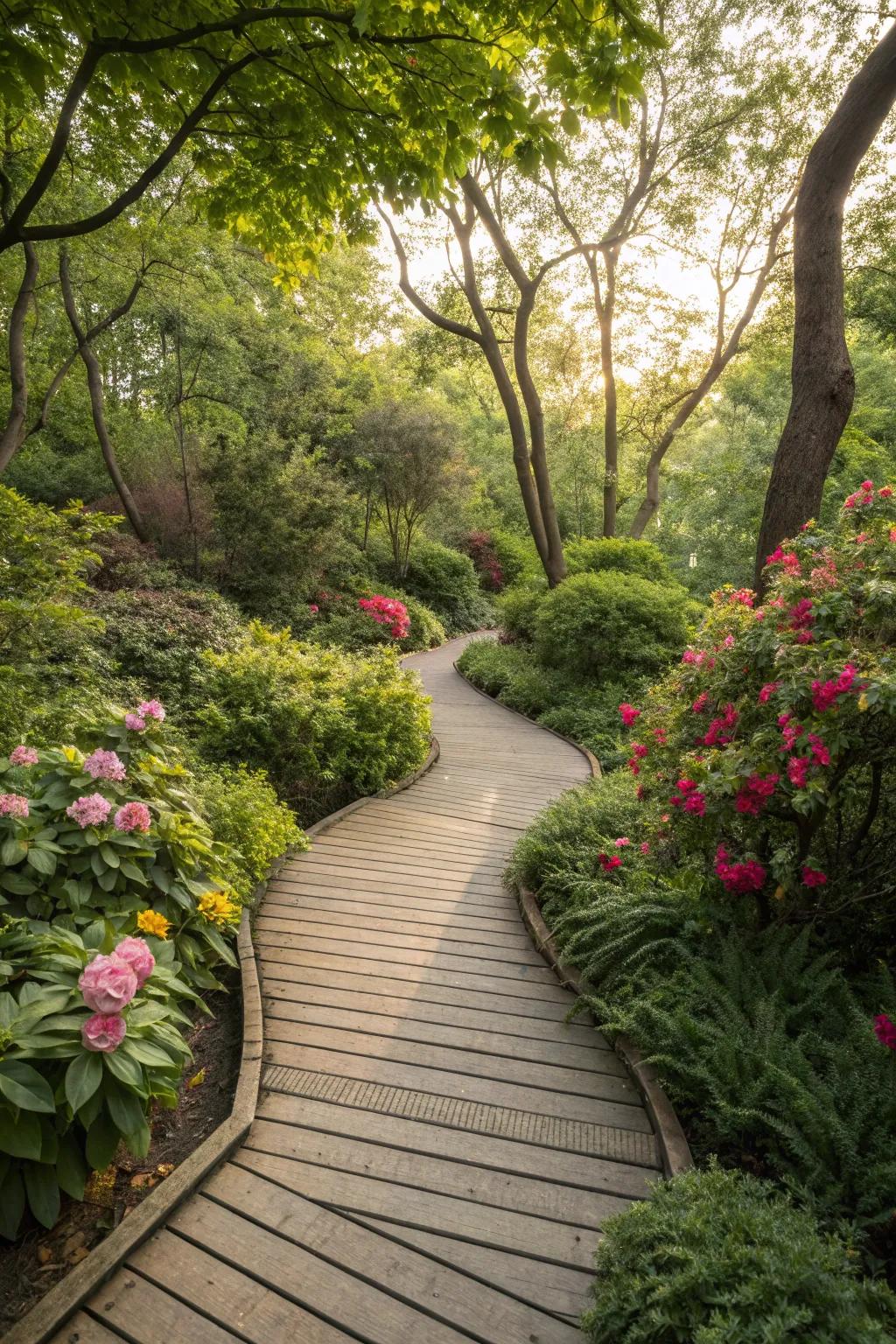 A decked walkway elegantly connects garden spaces.