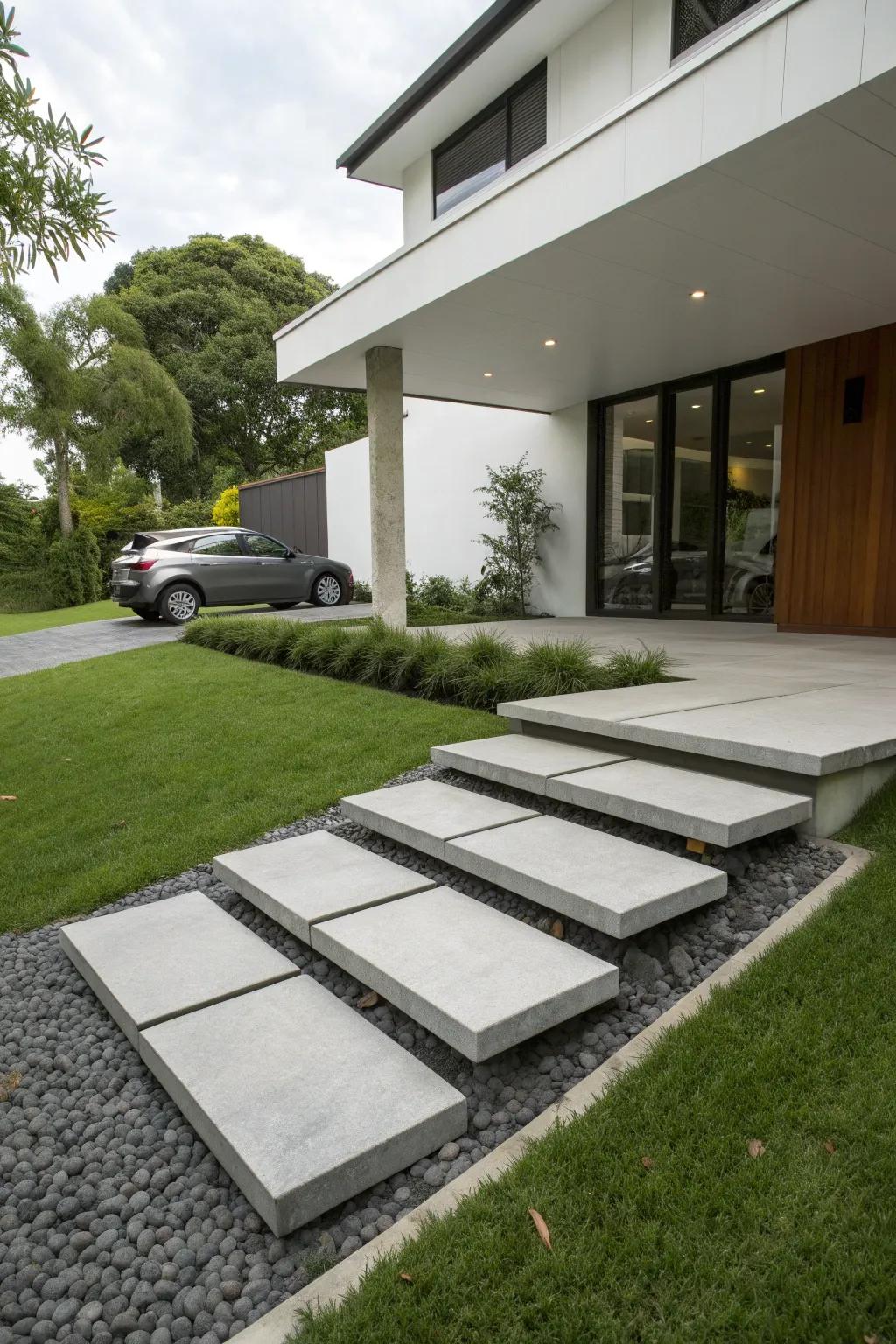 A driveway featuring a unique floating step design.
