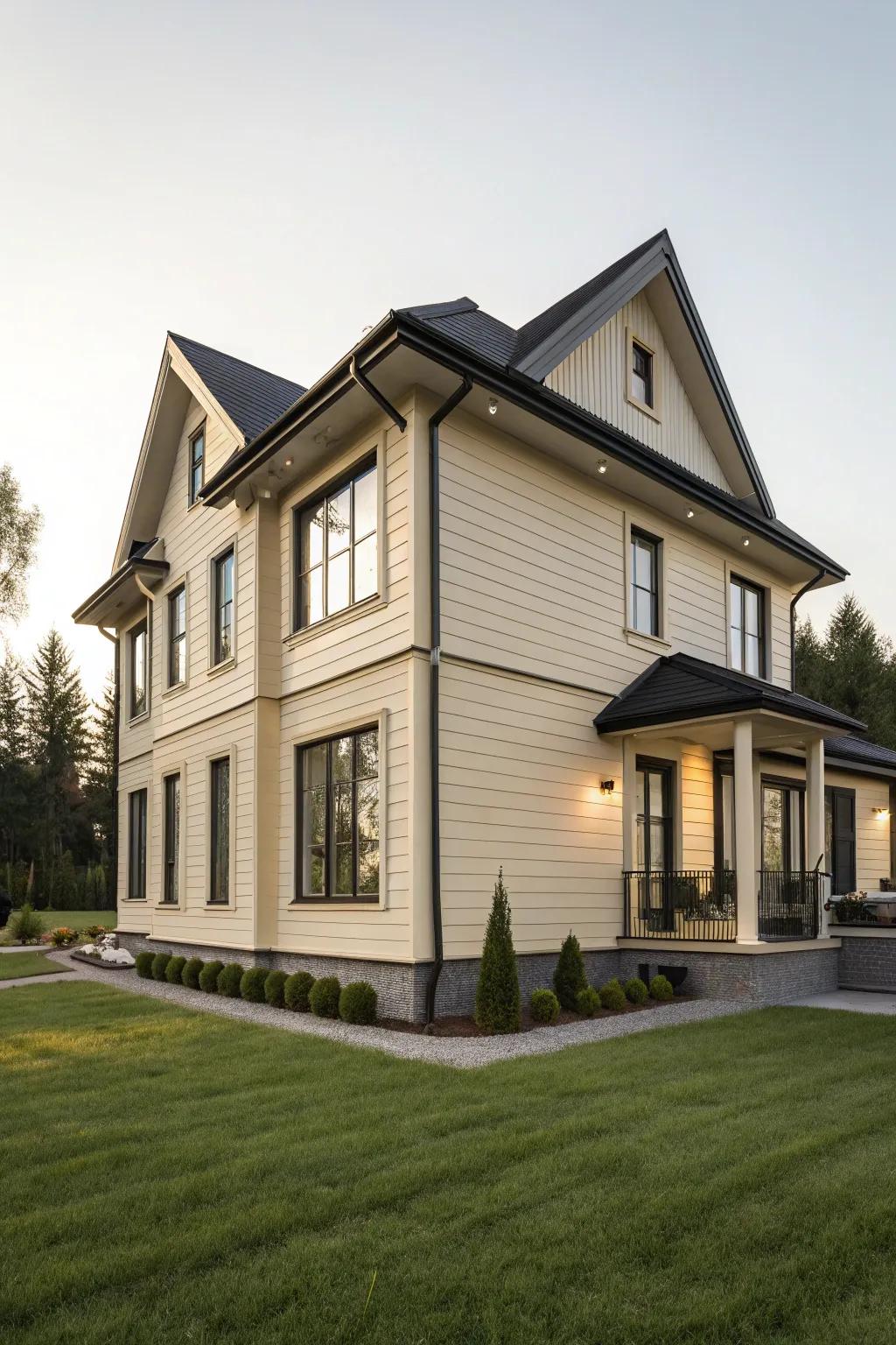 Classic beige meets modern design with bold accents.