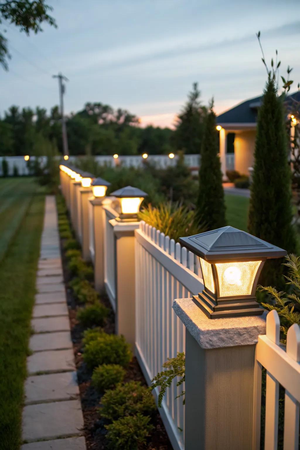 Post cap lights provide stylish definition to a garden fence.