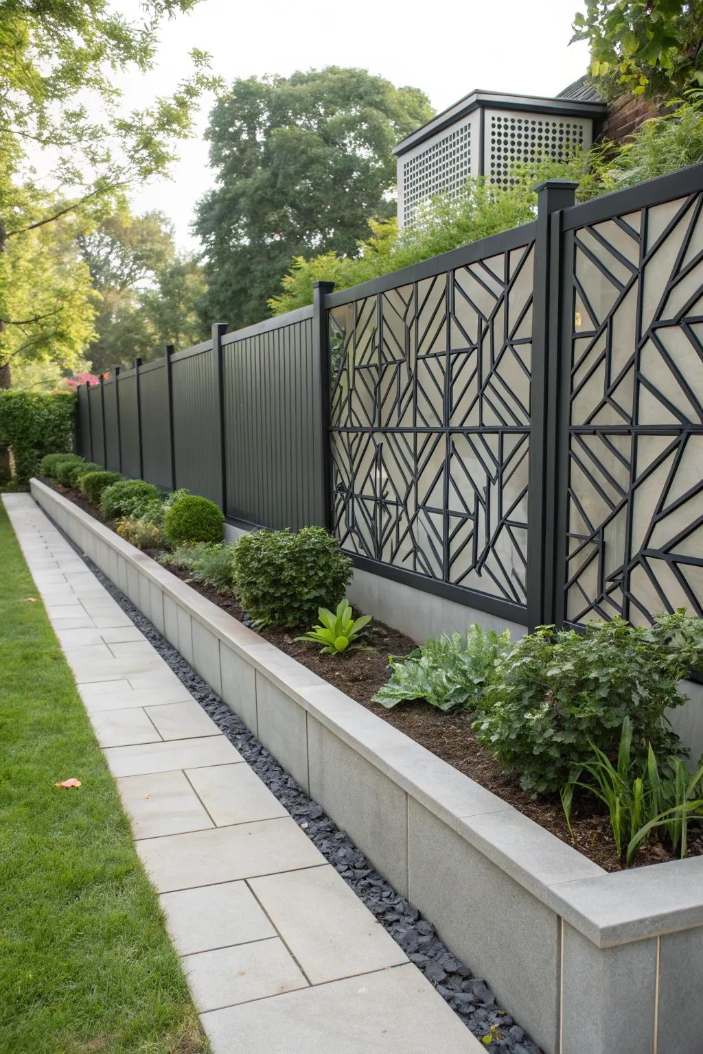 Geometric patterns create a modern twist on a concrete-based fence.
