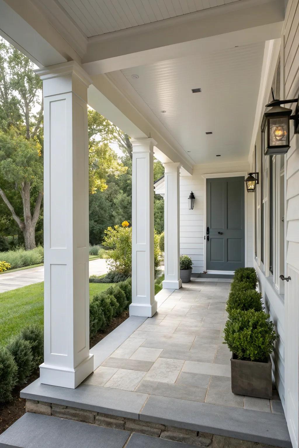 Hidden storage in columns keeps this porch tidy and stylish.