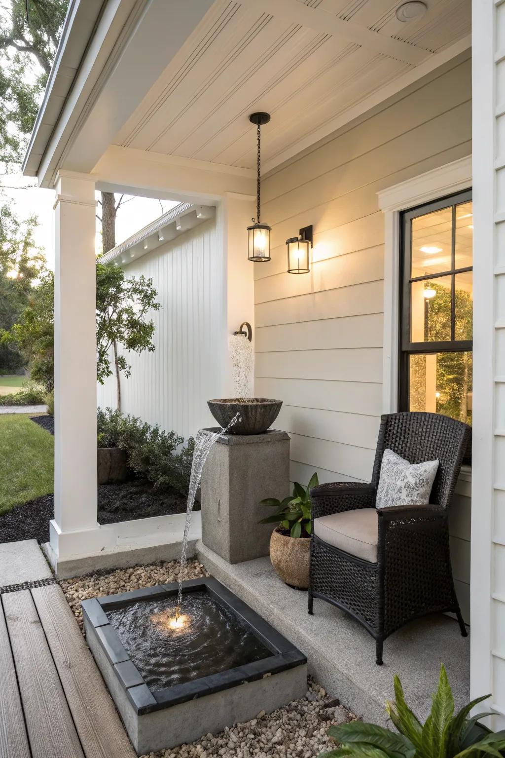 A water feature adds a tranquil element to this cozy porch.