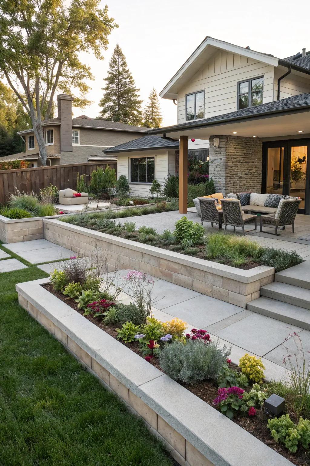 Low walls provide structure and seating in a modern landscape.