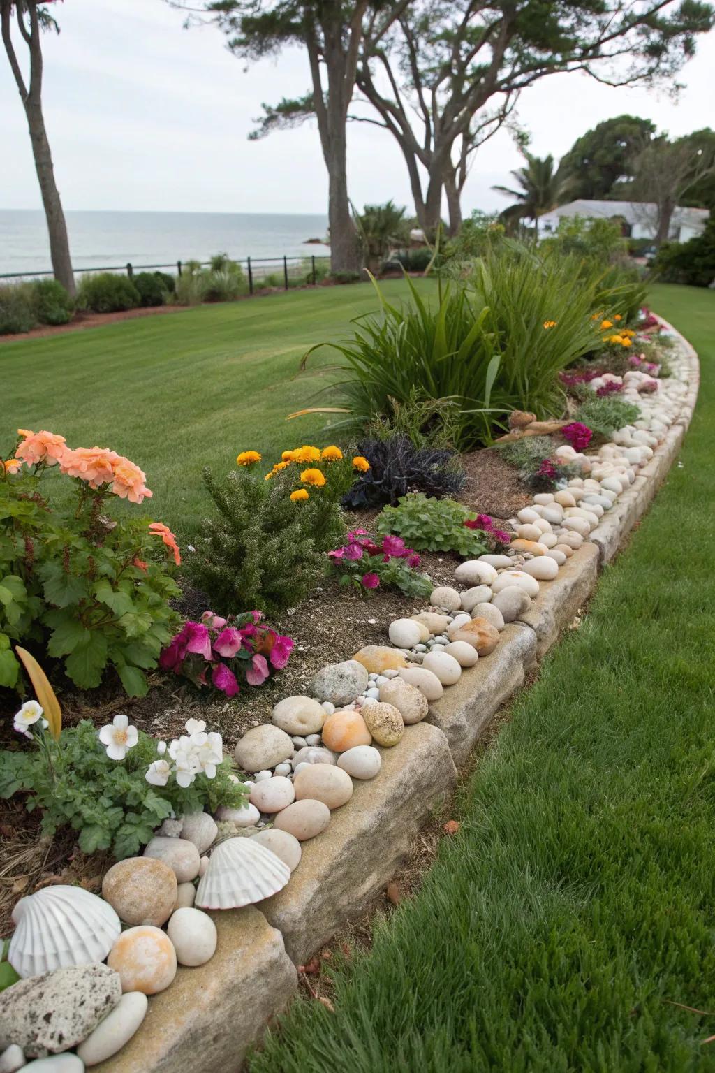Seashell borders bring a unique, coastal touch to garden edges.
