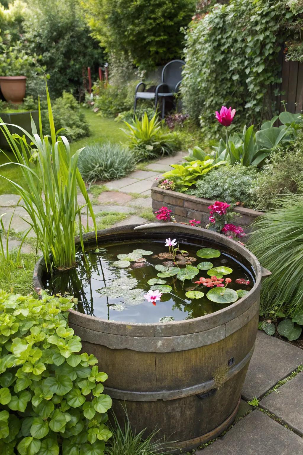 Tranquil DIY pond using a large container adds serenity.
