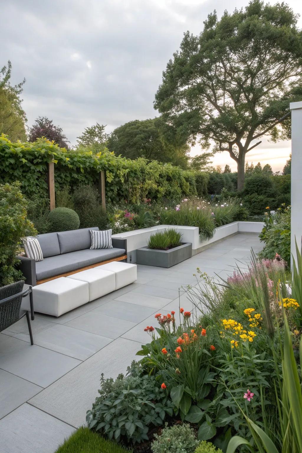 A garden with integrated seating blending seamlessly with paving.