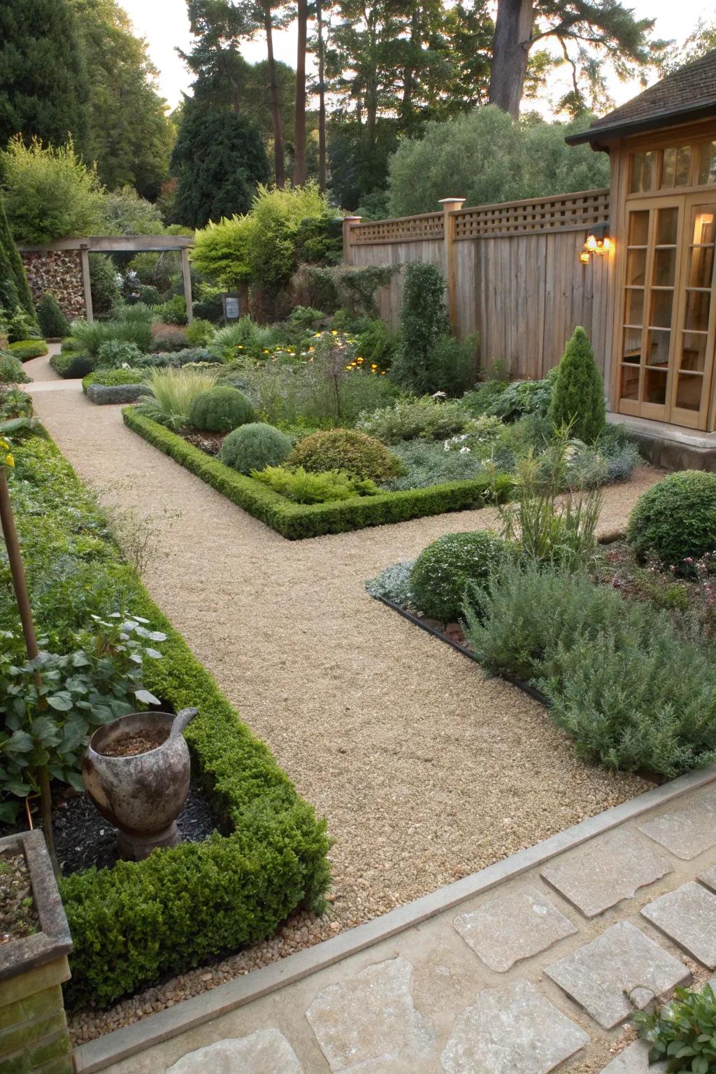 Pea gravel unifying the design of a modern garden.