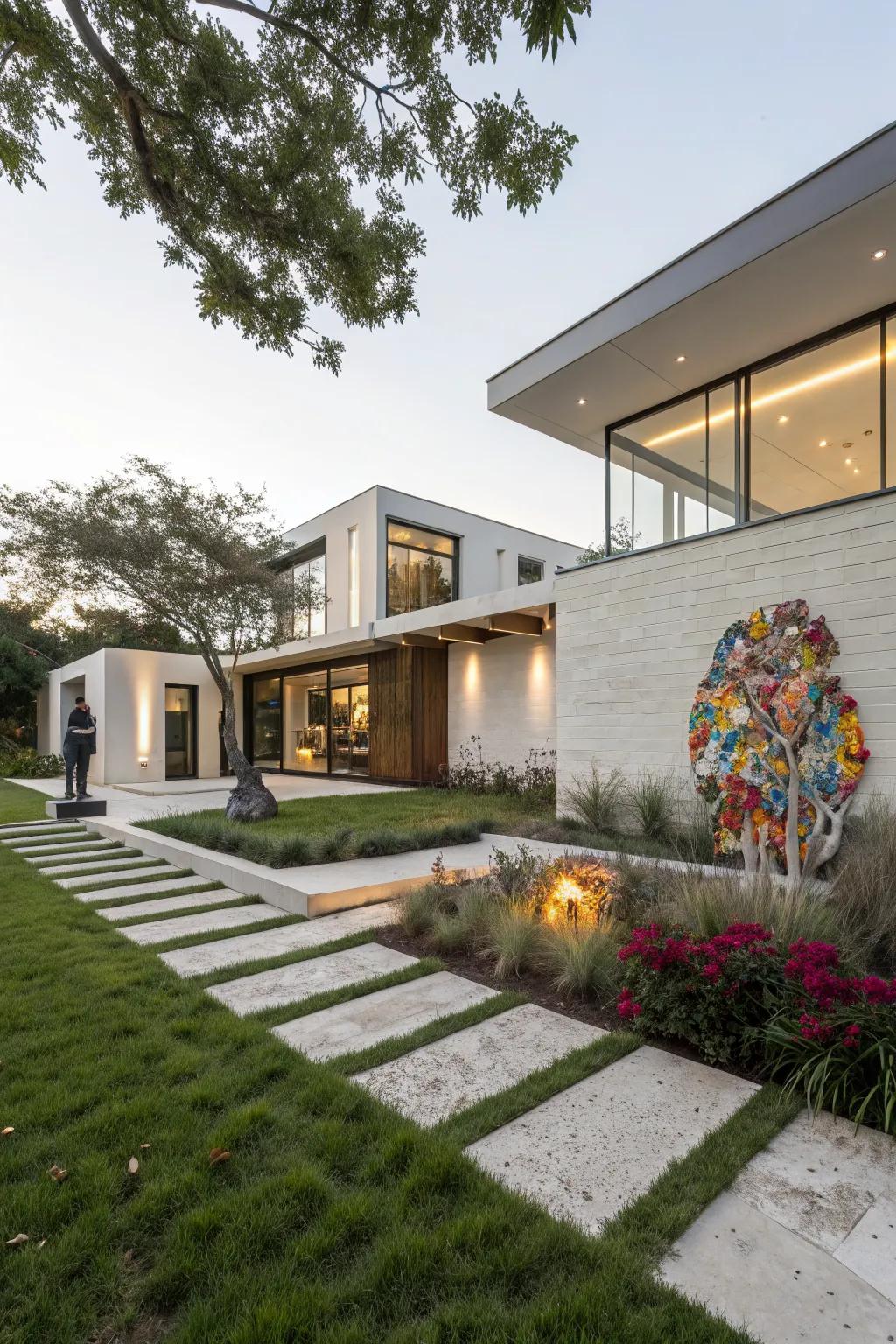 A home with a creative outdoor art installation.