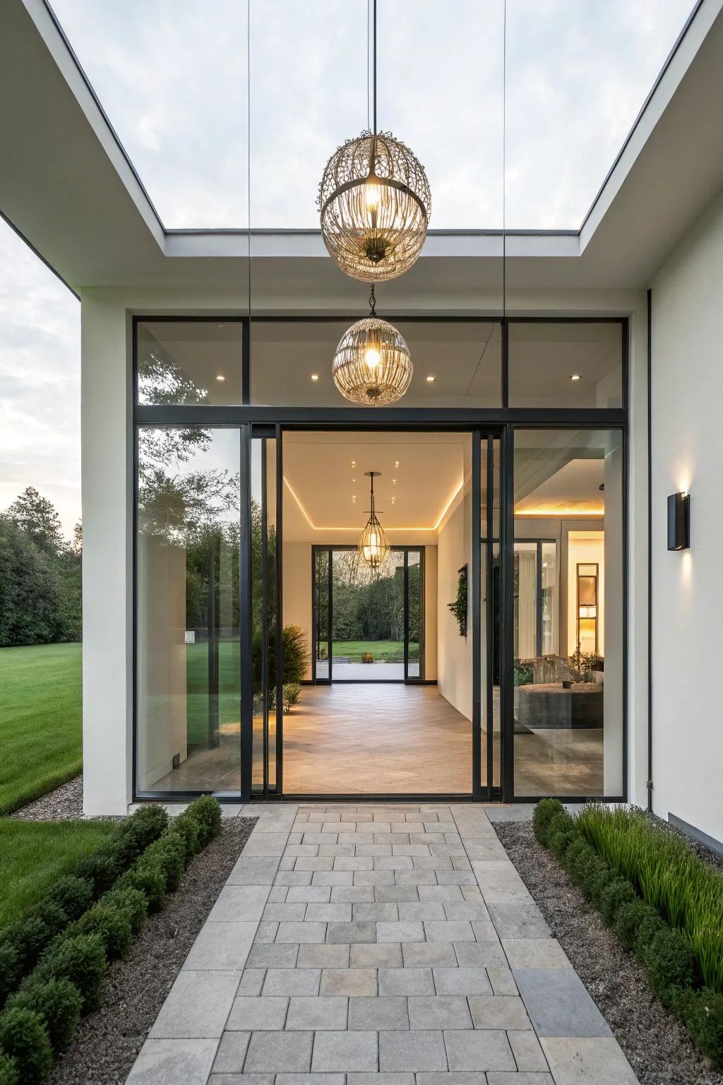 Dramatic entrance with statement lighting.