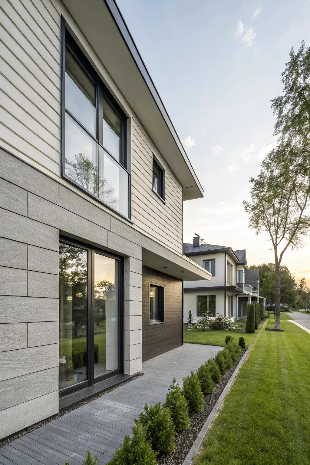 Fiber cement panels create a sleek and durable modern facade.