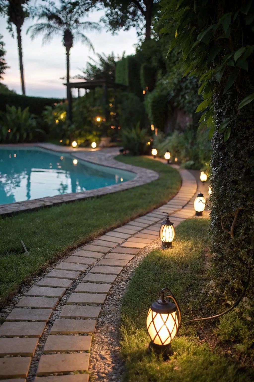 Illuminated paths add safety and ambiance to the pool area.