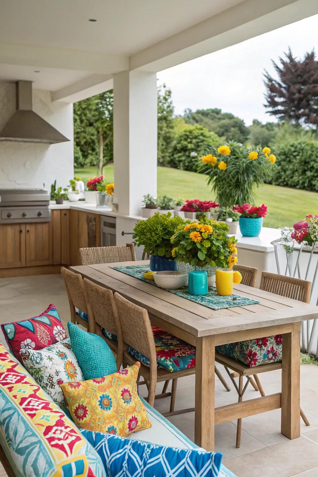 Colorful accents bring personality and flair to outdoor kitchens.