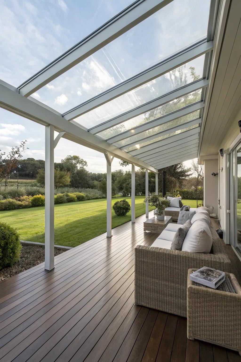 A modern porch featuring transparent roofing.