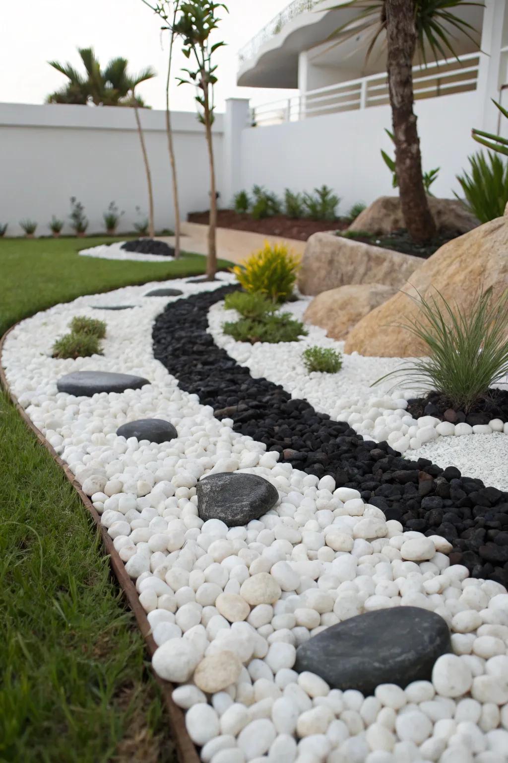 A bold black and white contrast with pebbles for a modern look.