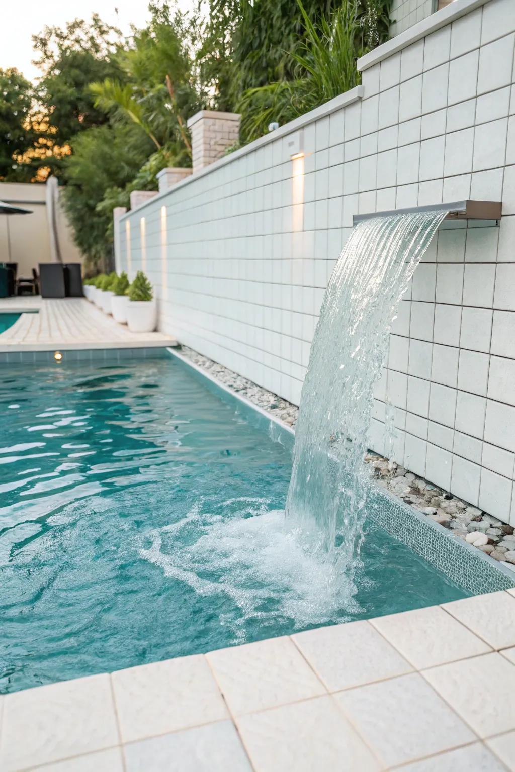 A sleek waterfall feature with seamless white tiles.