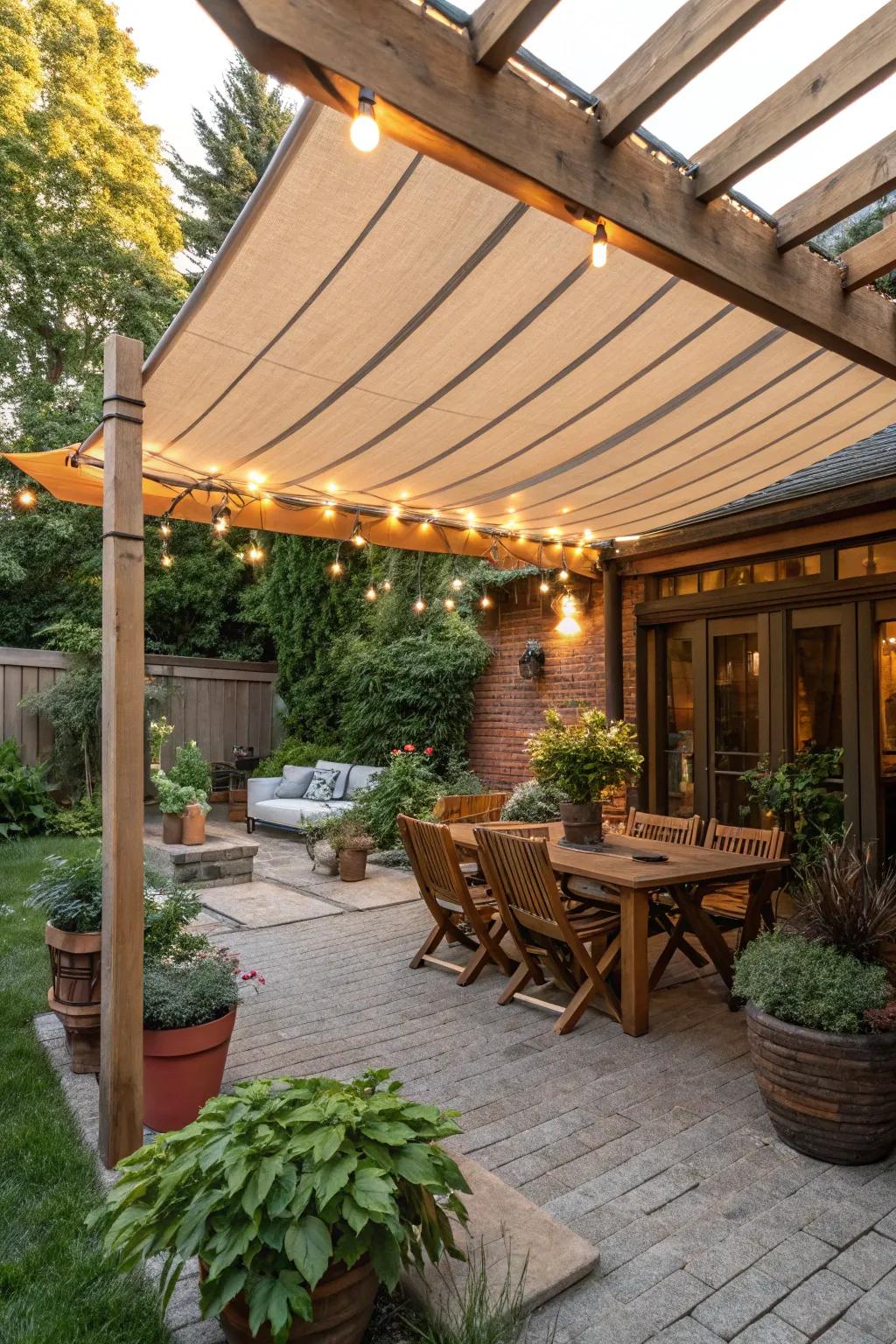 Outdoor fabrics under the awning create a cozy, inviting atmosphere.