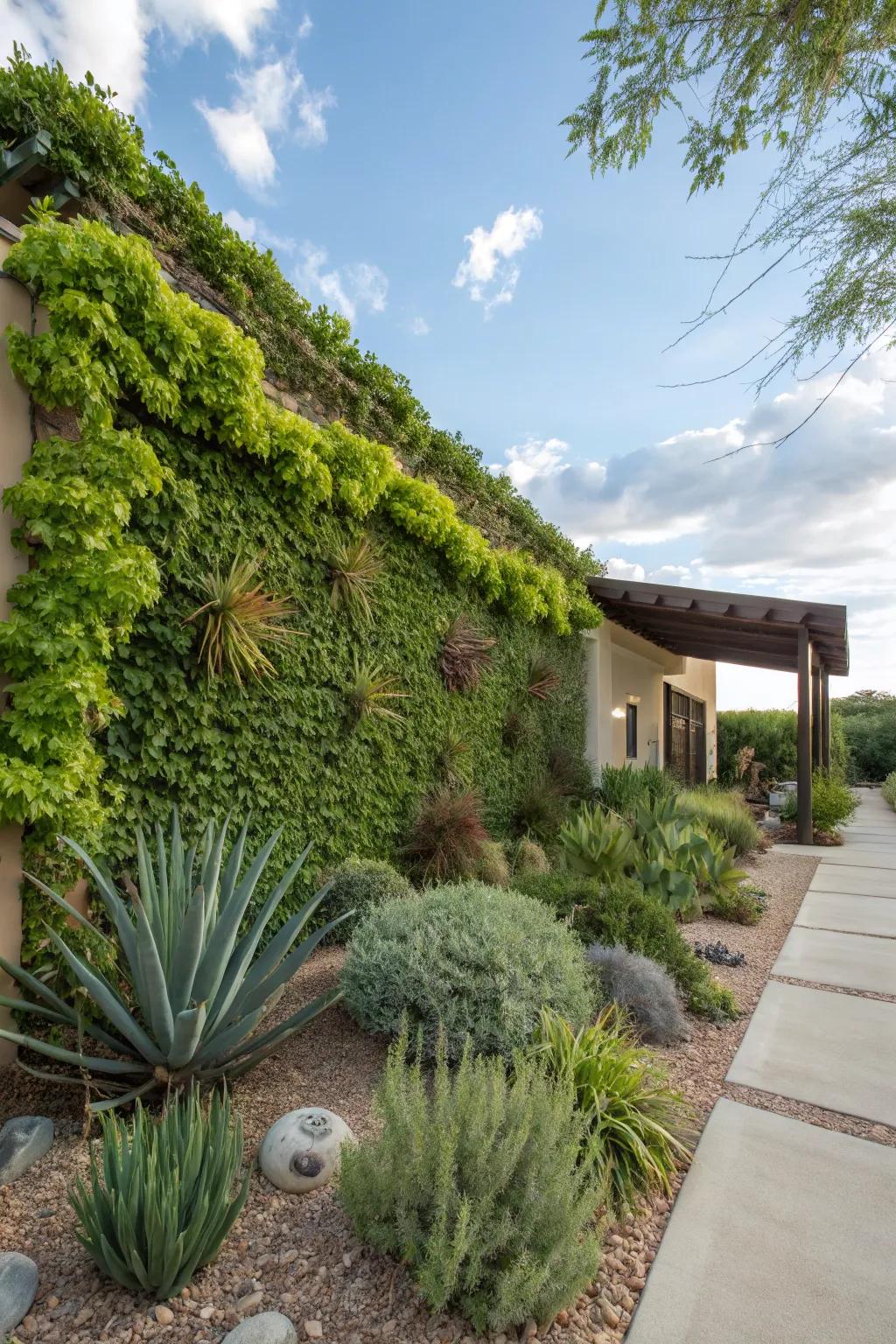 A front yard featuring a lush living wall, adding vertical greenery to the xeriscape.