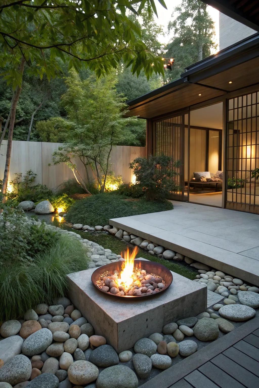 A fire pit offers warmth and a gathering spot in a Zen garden.