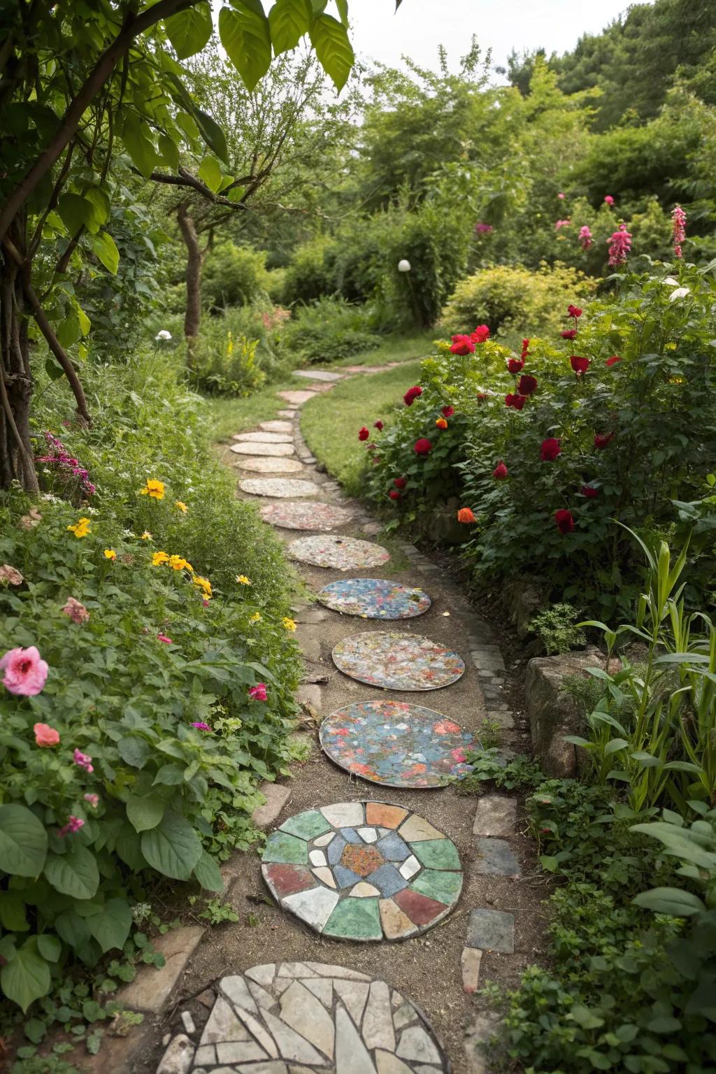 Stepping stones create a whimsical mosaic trail through the garden.