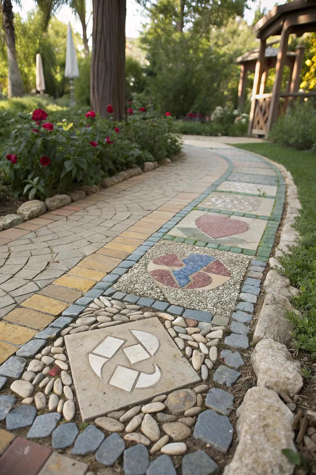 An eco-friendly mosaic pathway crafted from recycled materials, showcasing sustainable beauty.