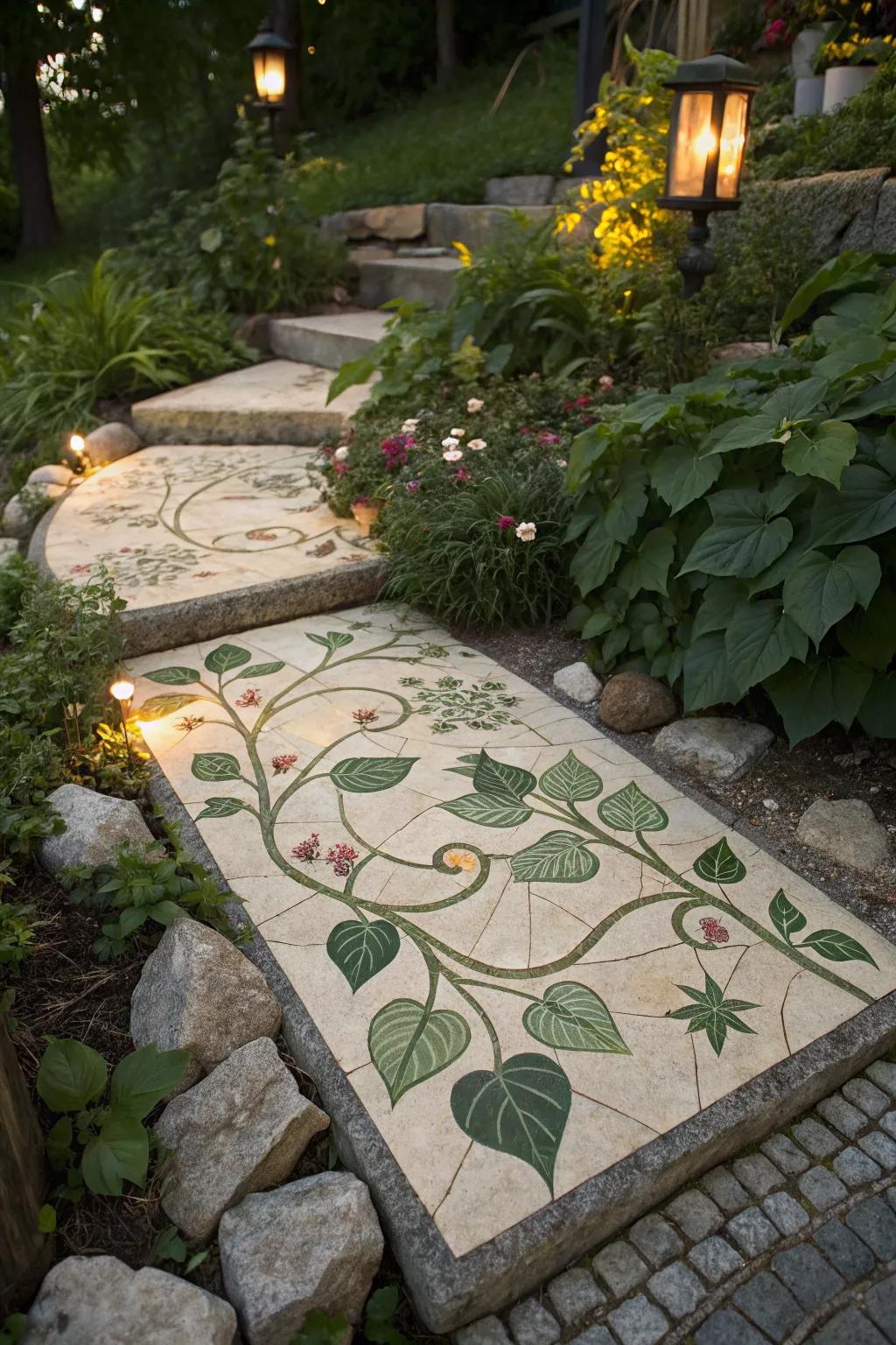 Botanical mosaic stones celebrate nature in your garden path