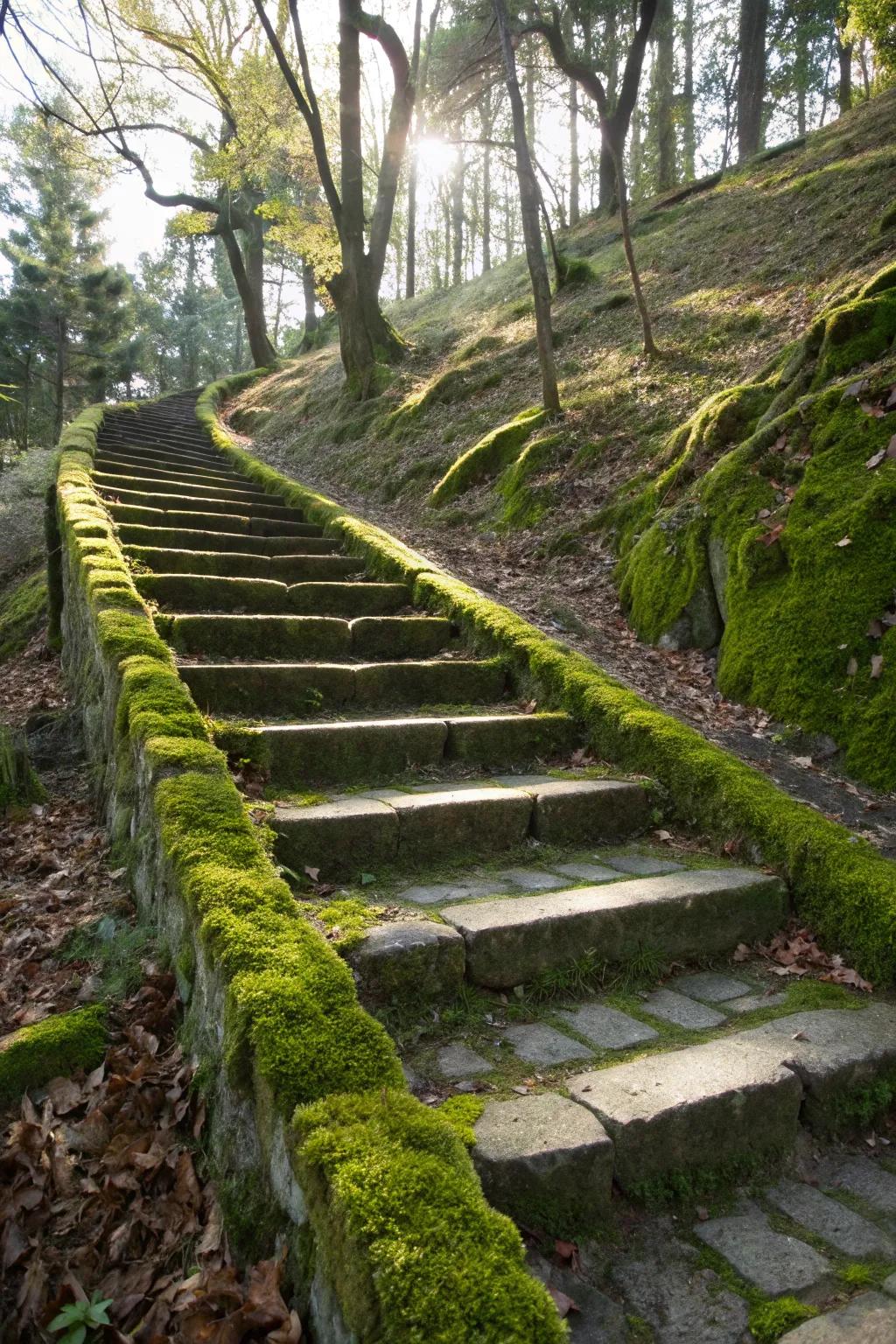 An outdoor staircase with stone steps, invitingly covered in lush green moss.