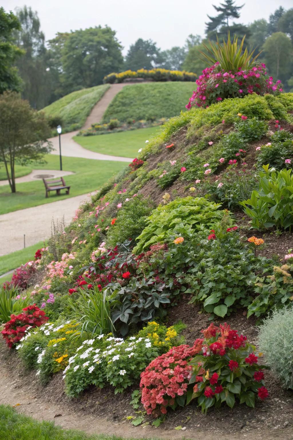 Seasonal plants keep mounds dynamic and exciting.