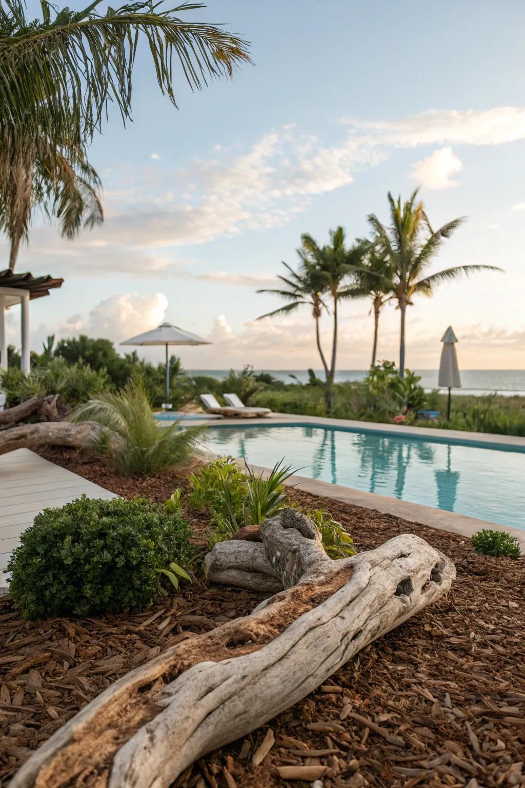 Add coastal charm with driftwood accents in your mulch design.