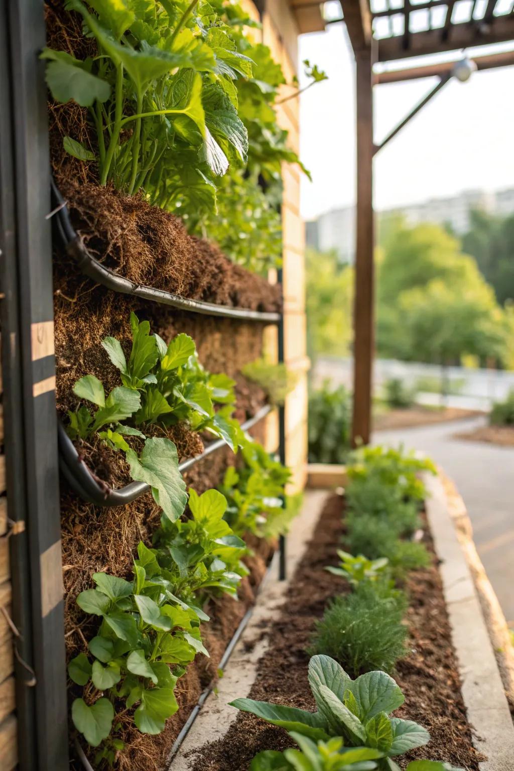 A stylish vertical garden enhanced with mulch for an organized look.