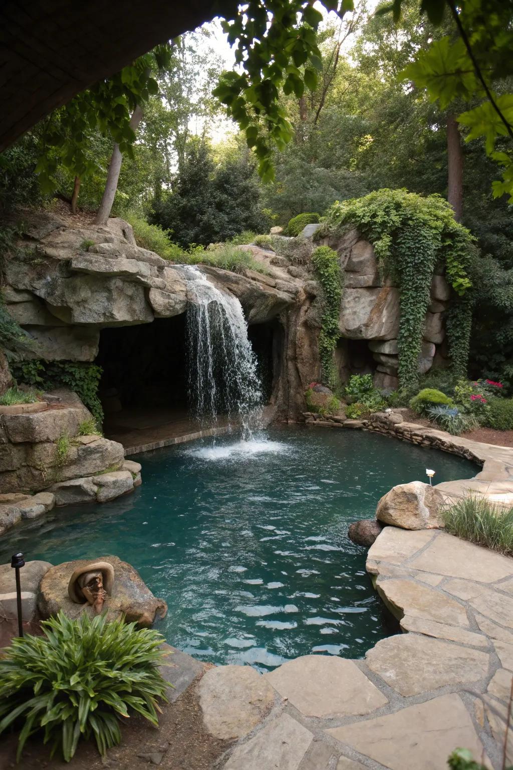 A grotto waterfall offers a hidden escape and playful element.