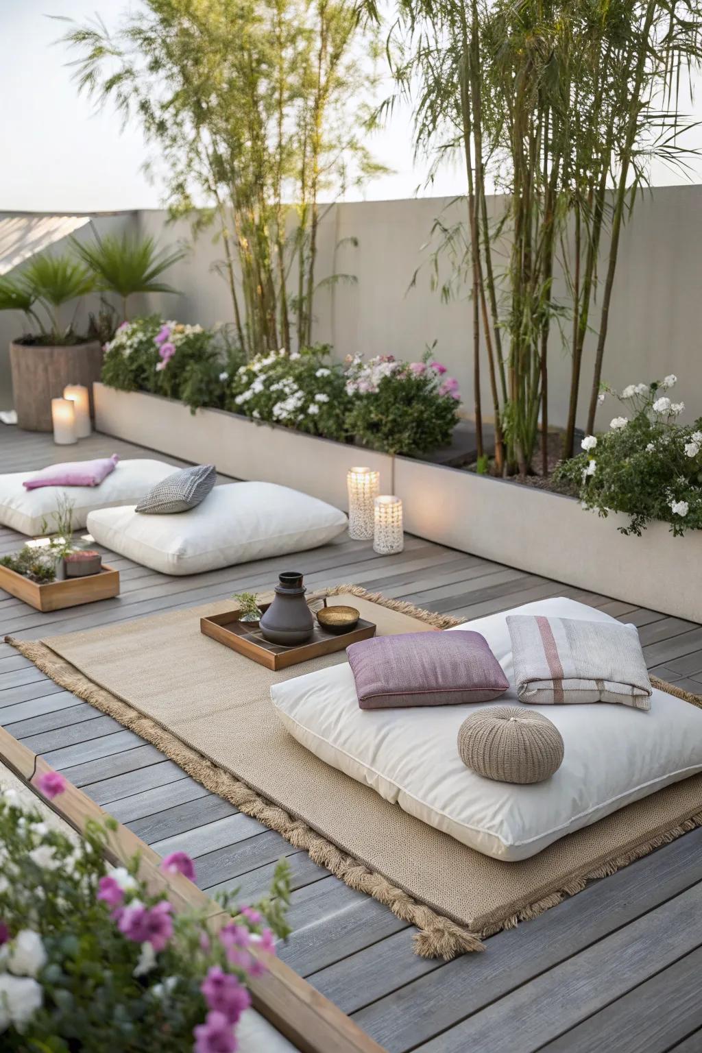 A Zen meditation space on a deck, offering tranquility and peace.