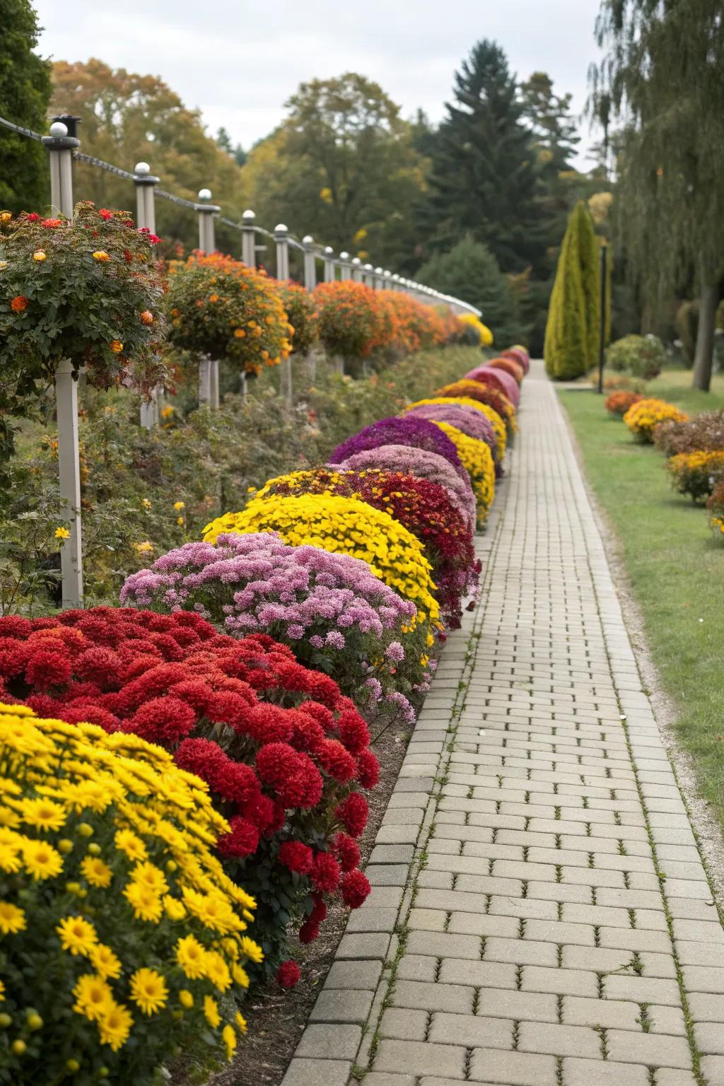 Line pathways with mums for striking visual appeal.