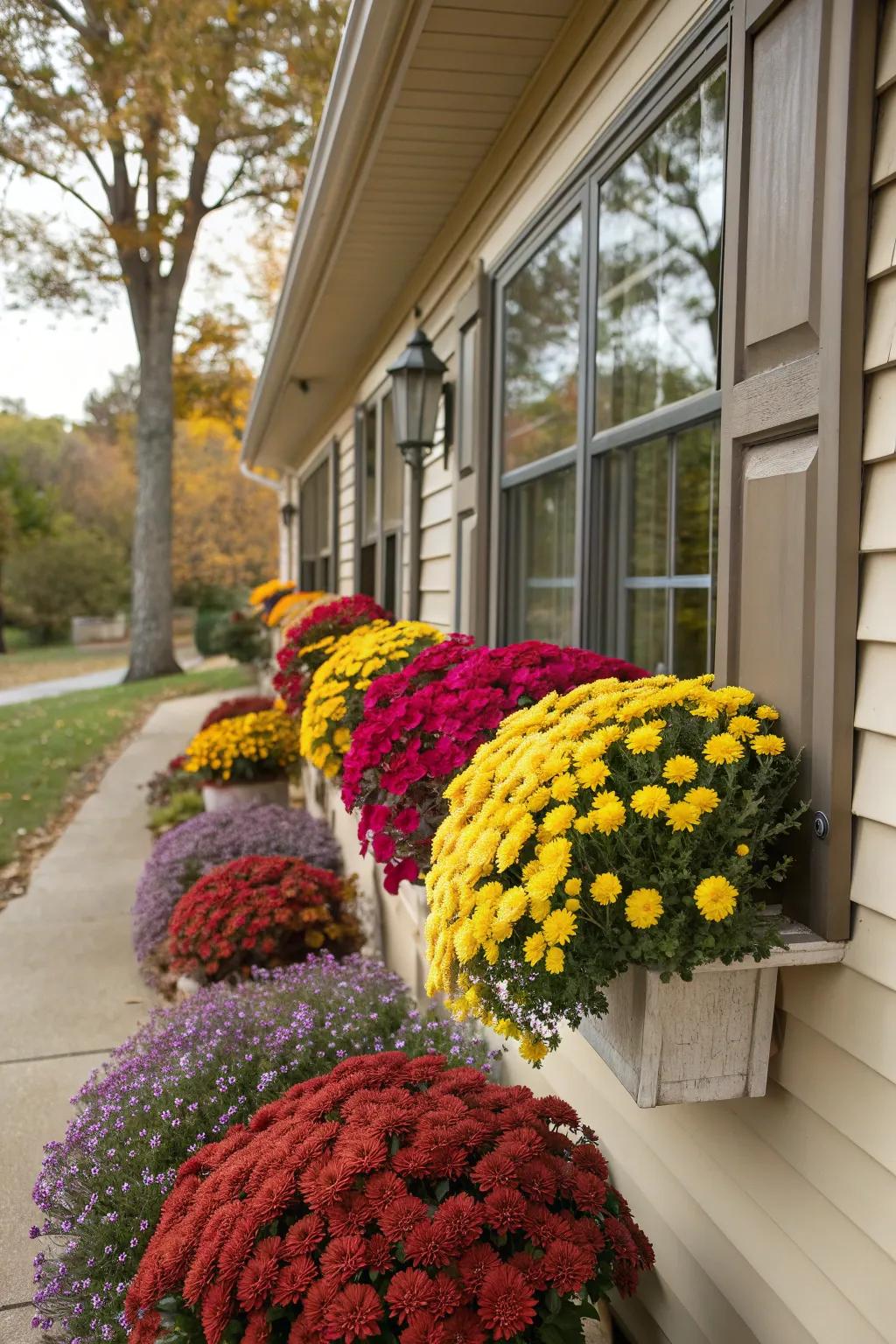 Window boxes with mums for curb appeal.
