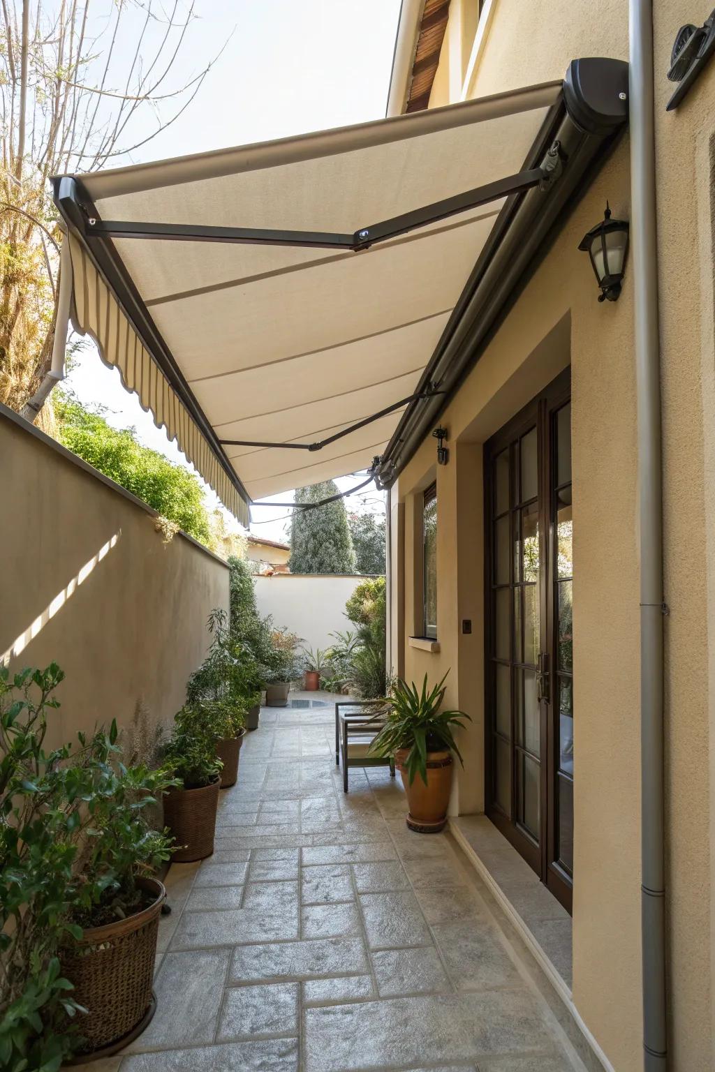 Retractable awning on a narrow patio.