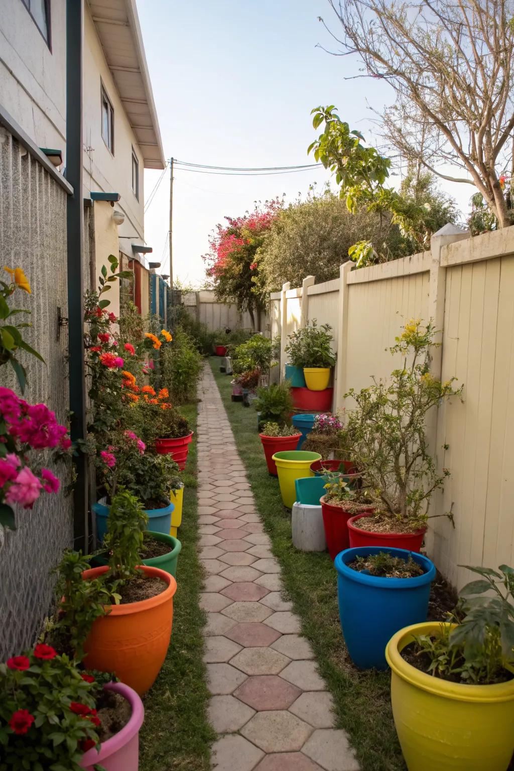 Colorful pots add vibrancy and style to narrow spaces.