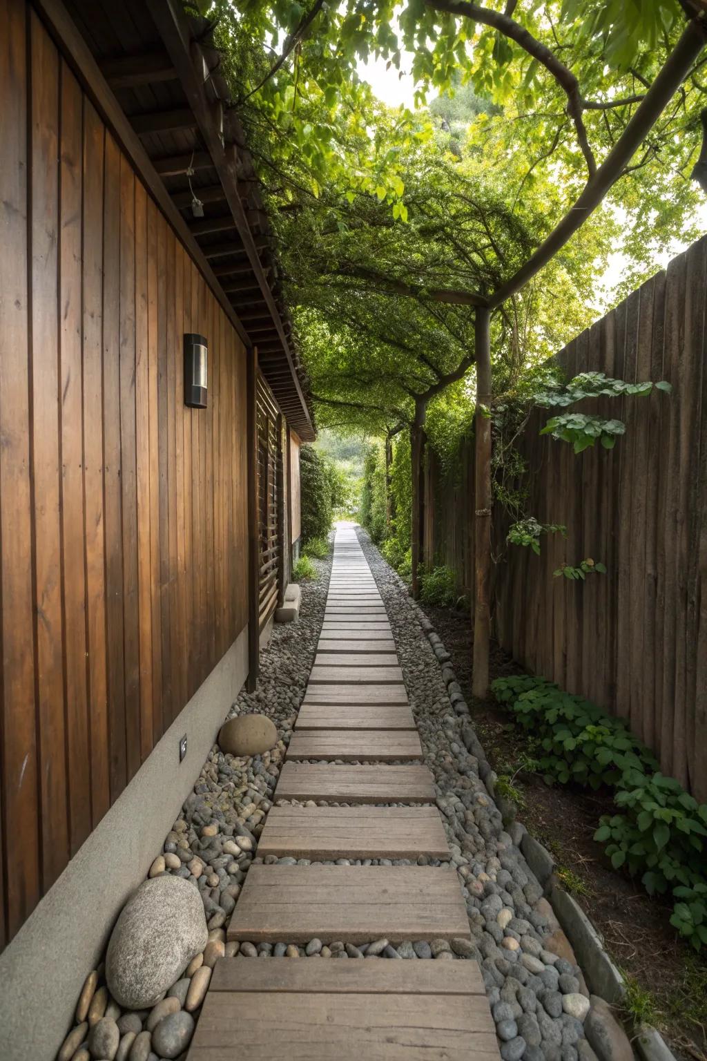 A narrow walkway showcasing a mix of wood and stone for texture.