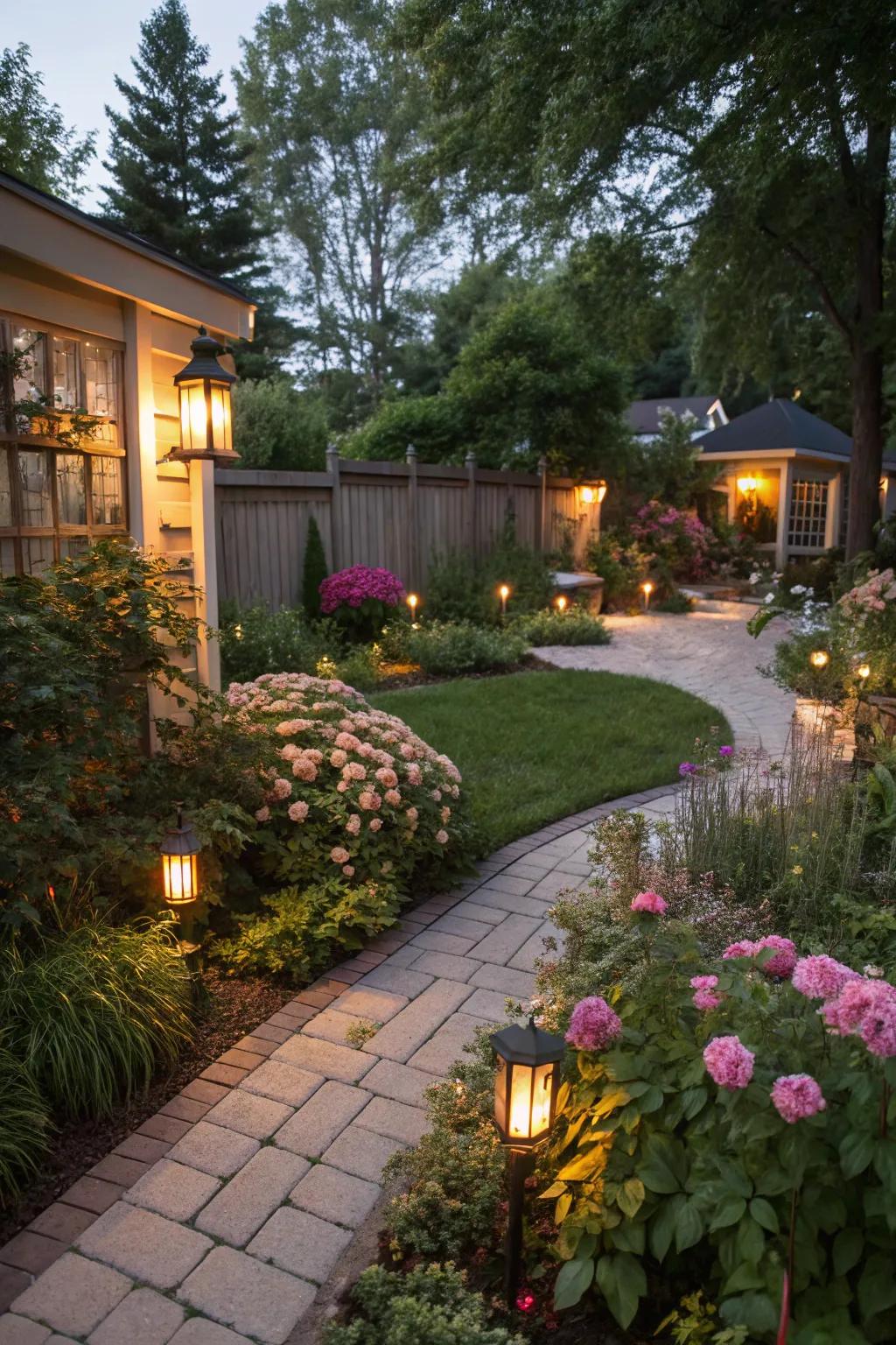 A garden path softly illuminated by subtle lighting fixtures.