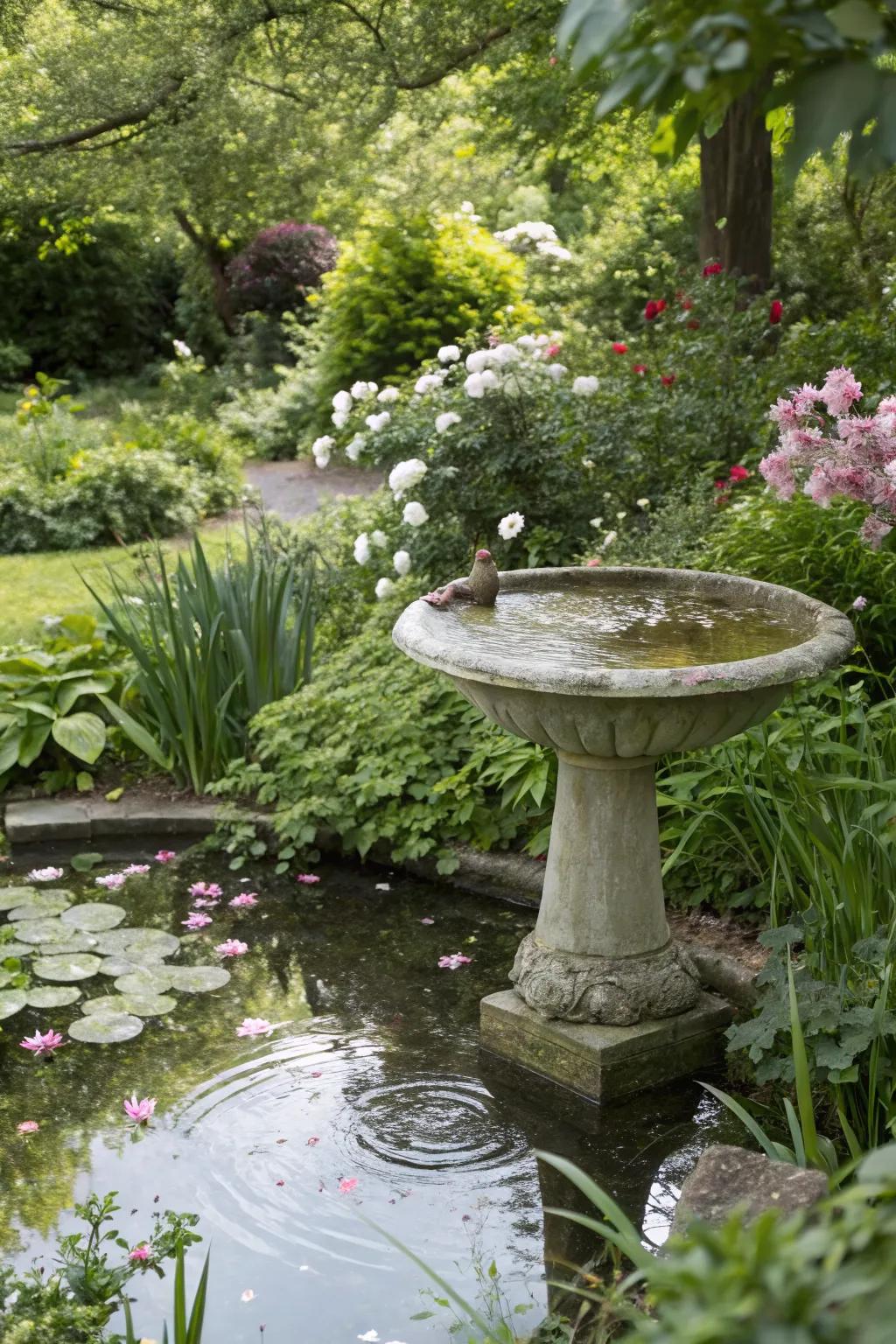 A birdbath inviting wildlife to a garden pond.